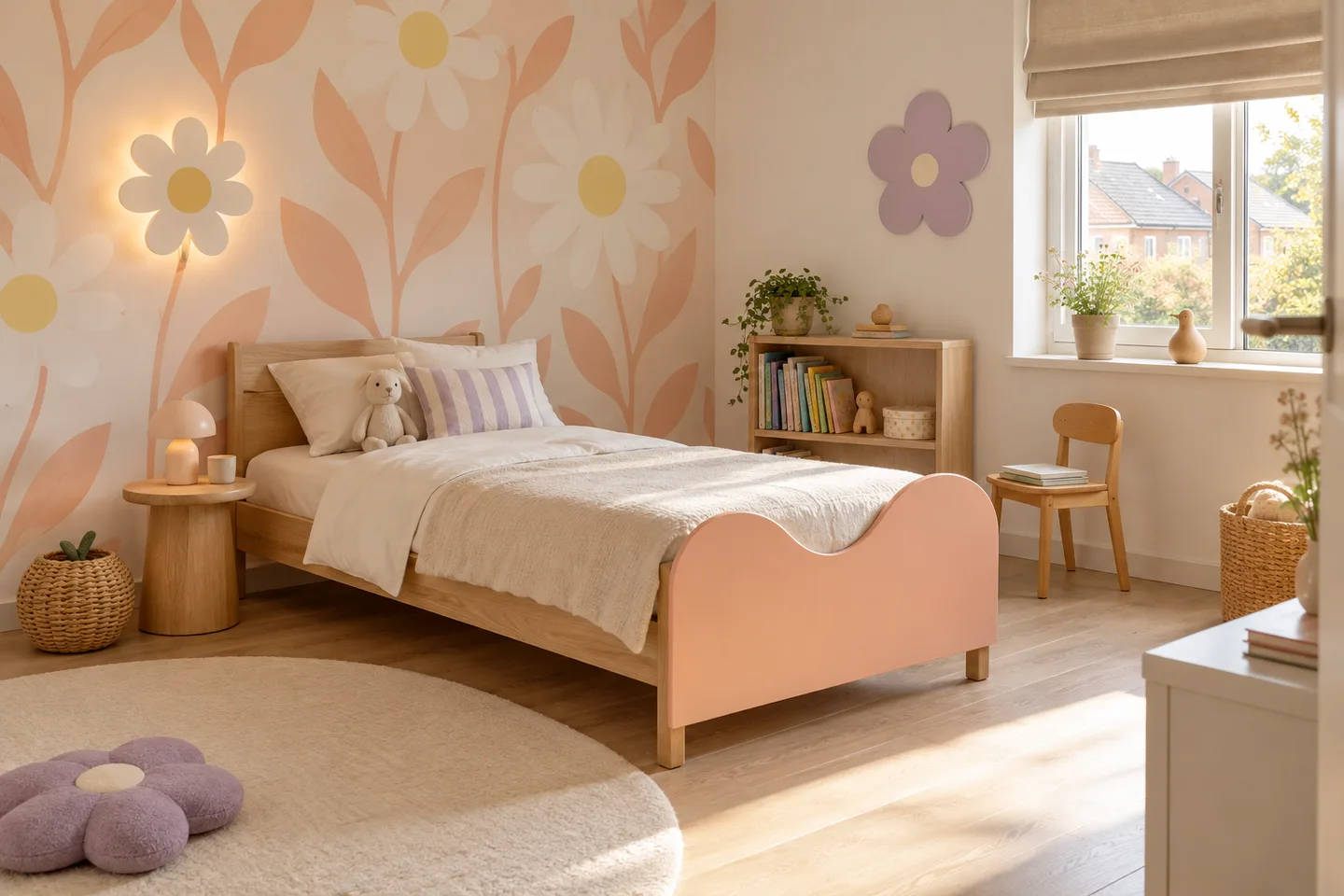 Bloemenkamer met perzikkleurig bedfront en groot bloemenbehang